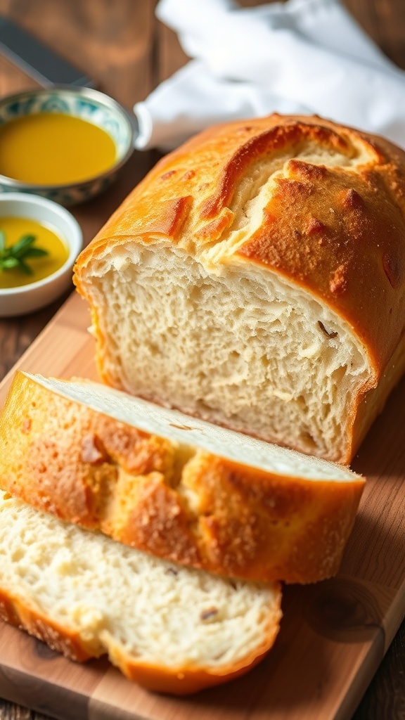 A golden brown gluten-free bread loaf sliced on a wooden board with olive oil and herbs.